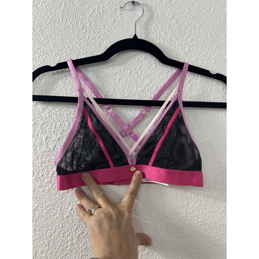 Sofia Intimates Bralette Size XS‎ Black Lace Pink Trim Straps Race Back